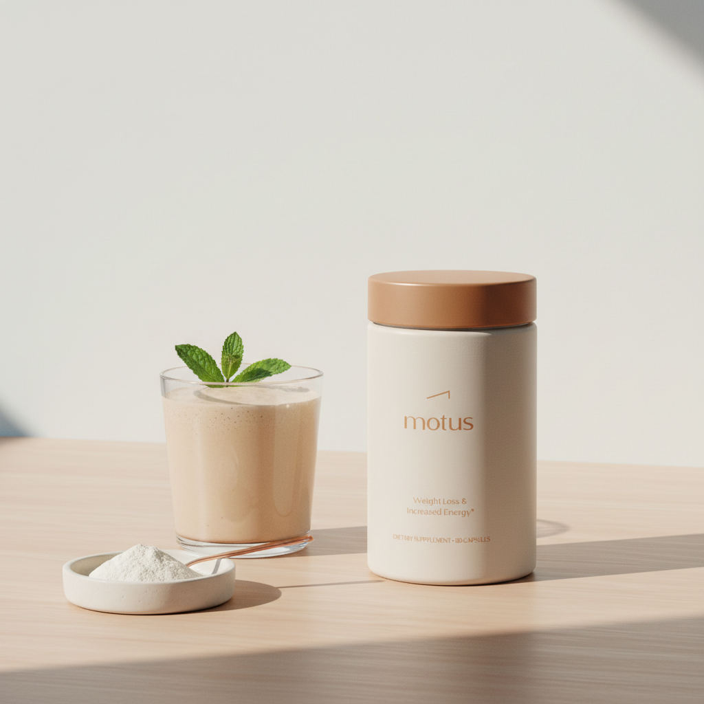 Minimalist product photo of Motus supplement jar with whey smoothie, spoonful of whey powder and mint on a light wooden table — whey protein weight loss