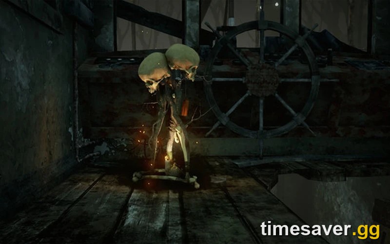 Close-up of a lit Hex Totem in Dead by Daylight, candles burning beneath the stacked skulls