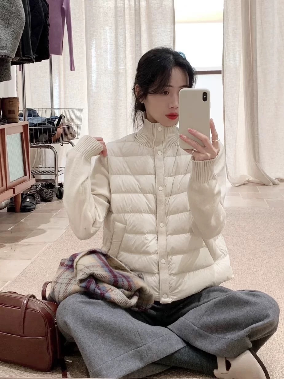 Short Women's Down Jacket with Knit Sleeves
