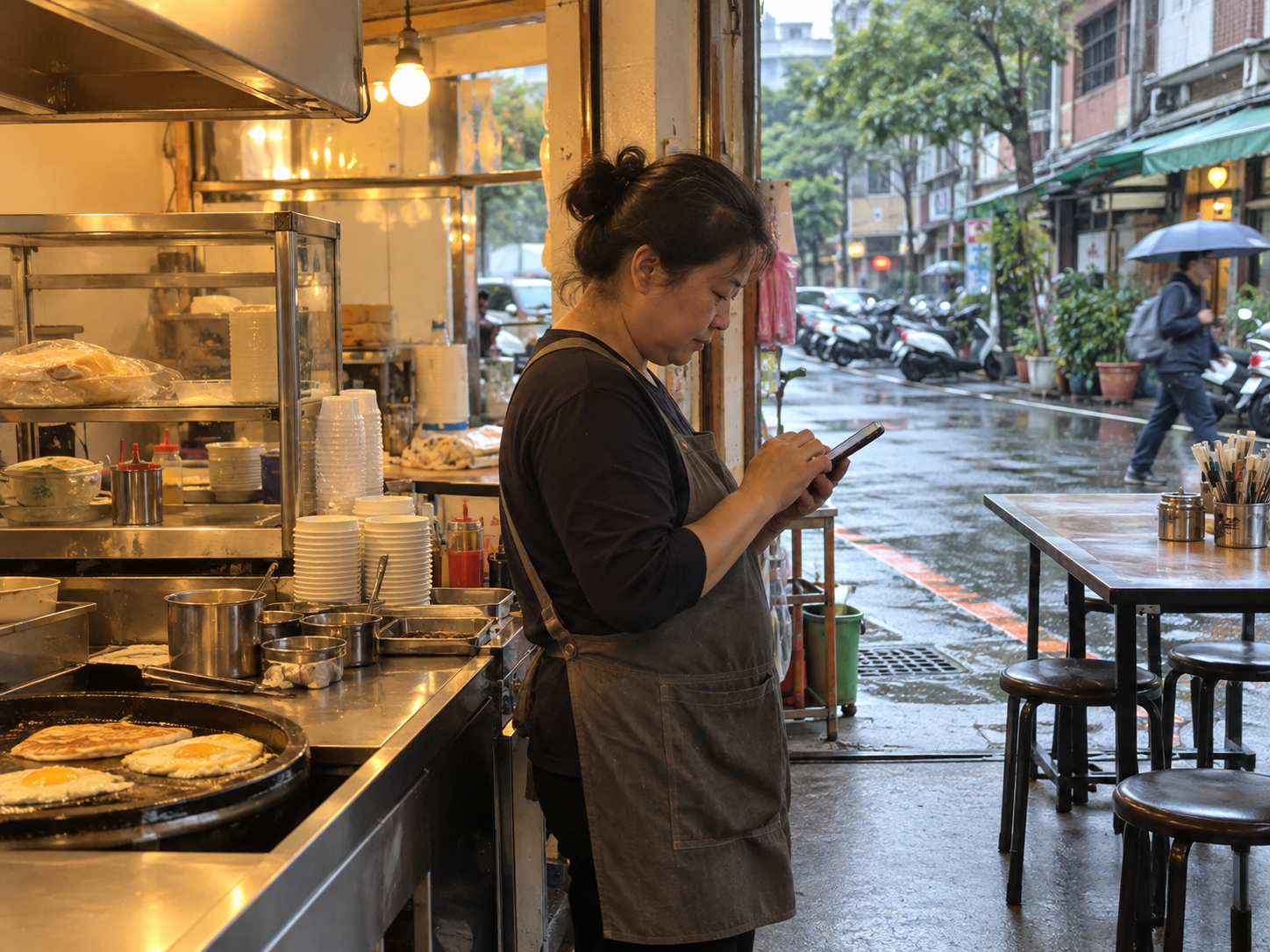早餐店老闆在雨天用手機更新營業資訊，門外是濕潤街道