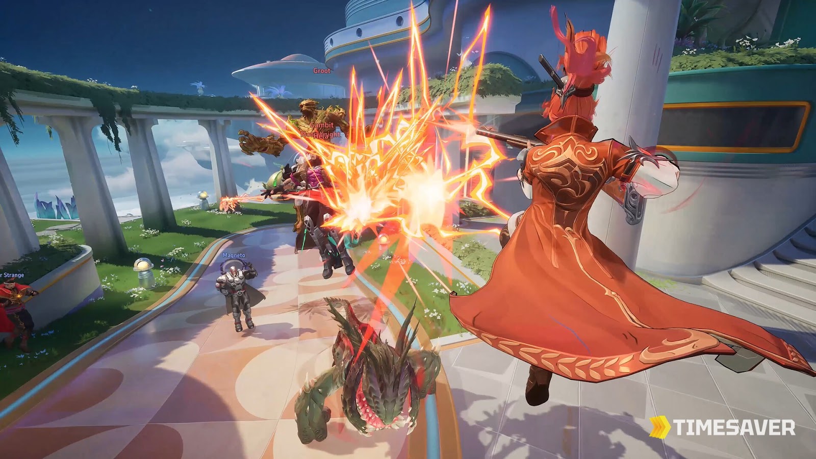 Marvel Rivals Vanguards Magneto, Groot and Doctor Strange holding the frontline
