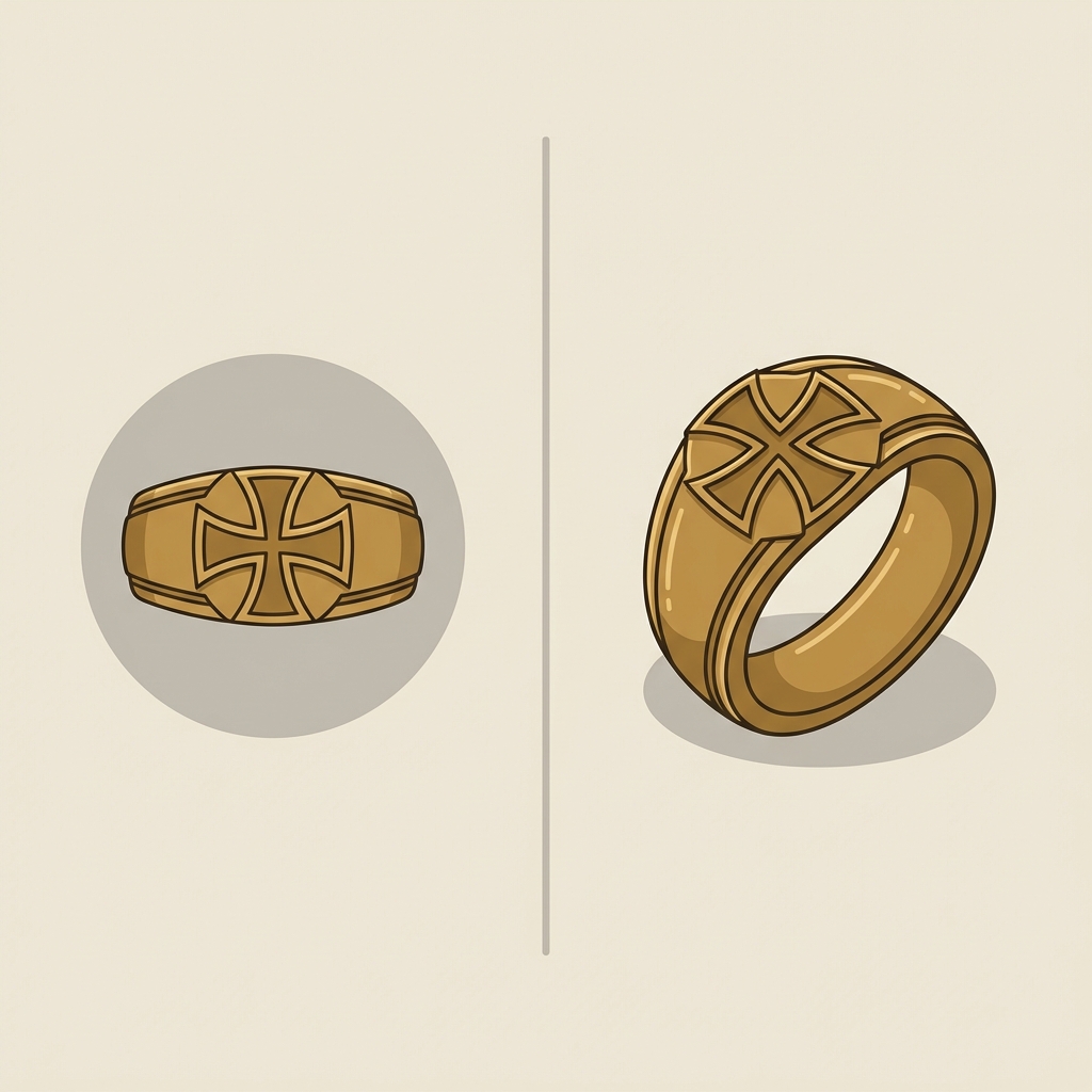 Vector side by side comparison of antique knights templar ring museum catalogue plate and a well lit listing style photo on cream background