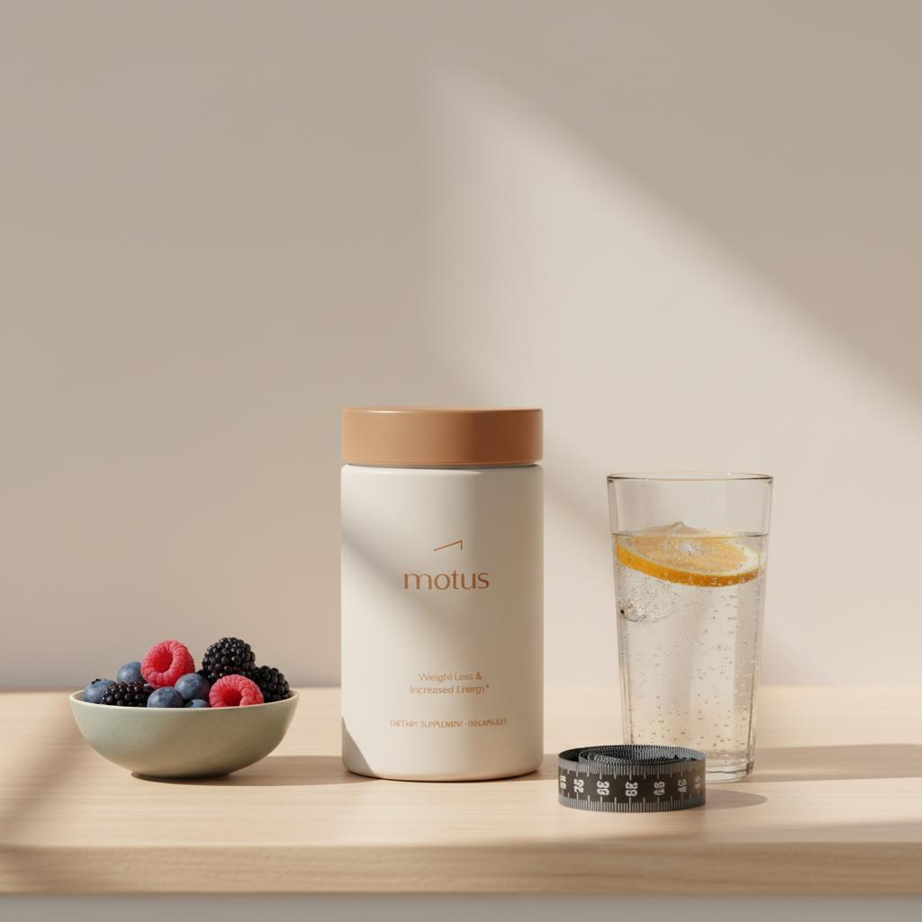 Motus supplement container on a minimalist kitchen counter beside sparkling citrus water, measuring tape and bowl of berries, evoking cutting sugar and healthy weight loss.