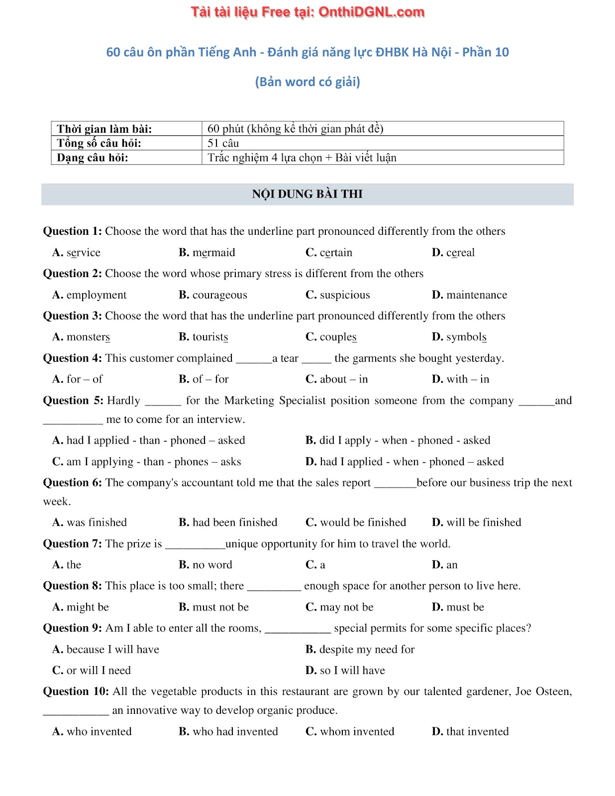 660 bài tập môn Tiếng Anh - Ôn thi ĐGNL ĐHBK Hà Nội Phần 10