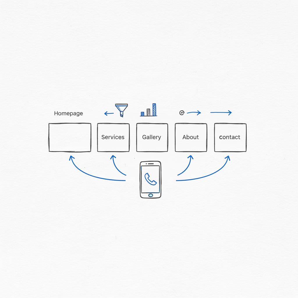 2D vector notebook-style wireframe with five unlabeled page boxes and arrows converging to a phone icon, clean #39383f lines and #1a5bfb accents for contractor lead generation