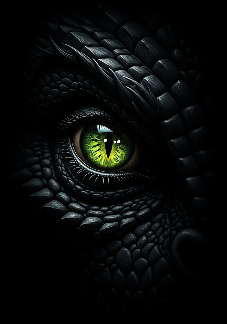 Glowing Green Dragon Eye in Shadows