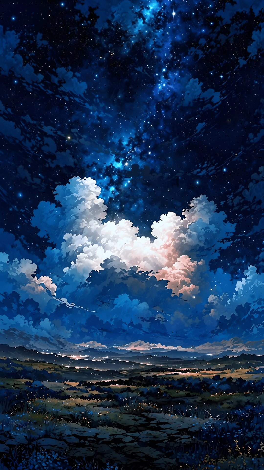 Celestial Night Sky Landscape Anime Style Digital Painting - Free 4K mobile Wallpaper