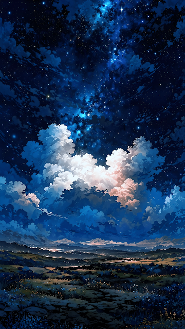 Celestial Night Sky Landscape Anime Style Digital Painting - Free mobile Wallpaper