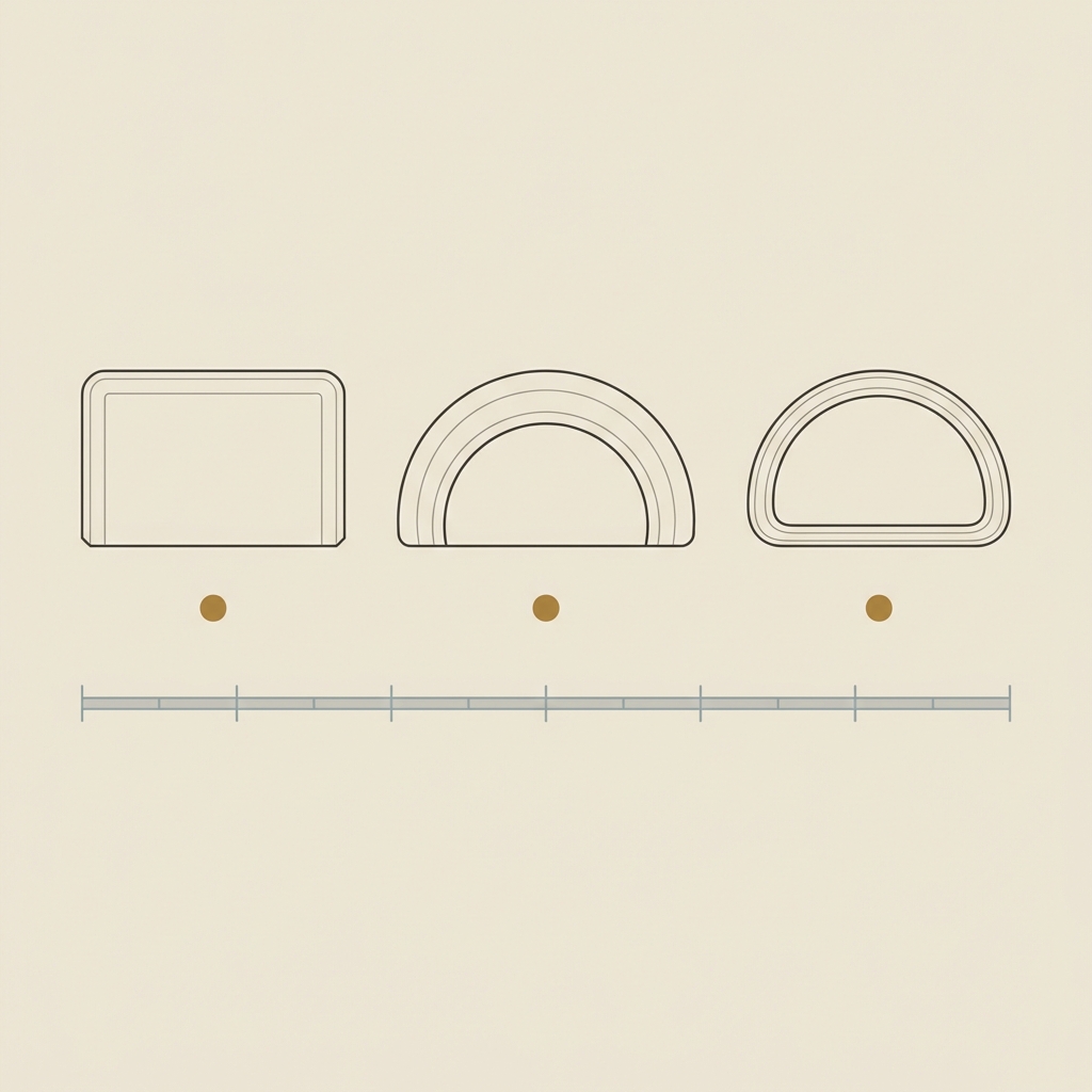 Minimalist 2D vector comparative lineup of flat bezel rounded bezel and D shaped hoop ring profiles on a horizontal scale for history of roman jewelry typology study