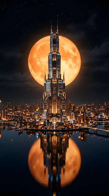 Futuristic Skyscraper Centered Against Massive Orange Moon - Free mobile Wallpaper