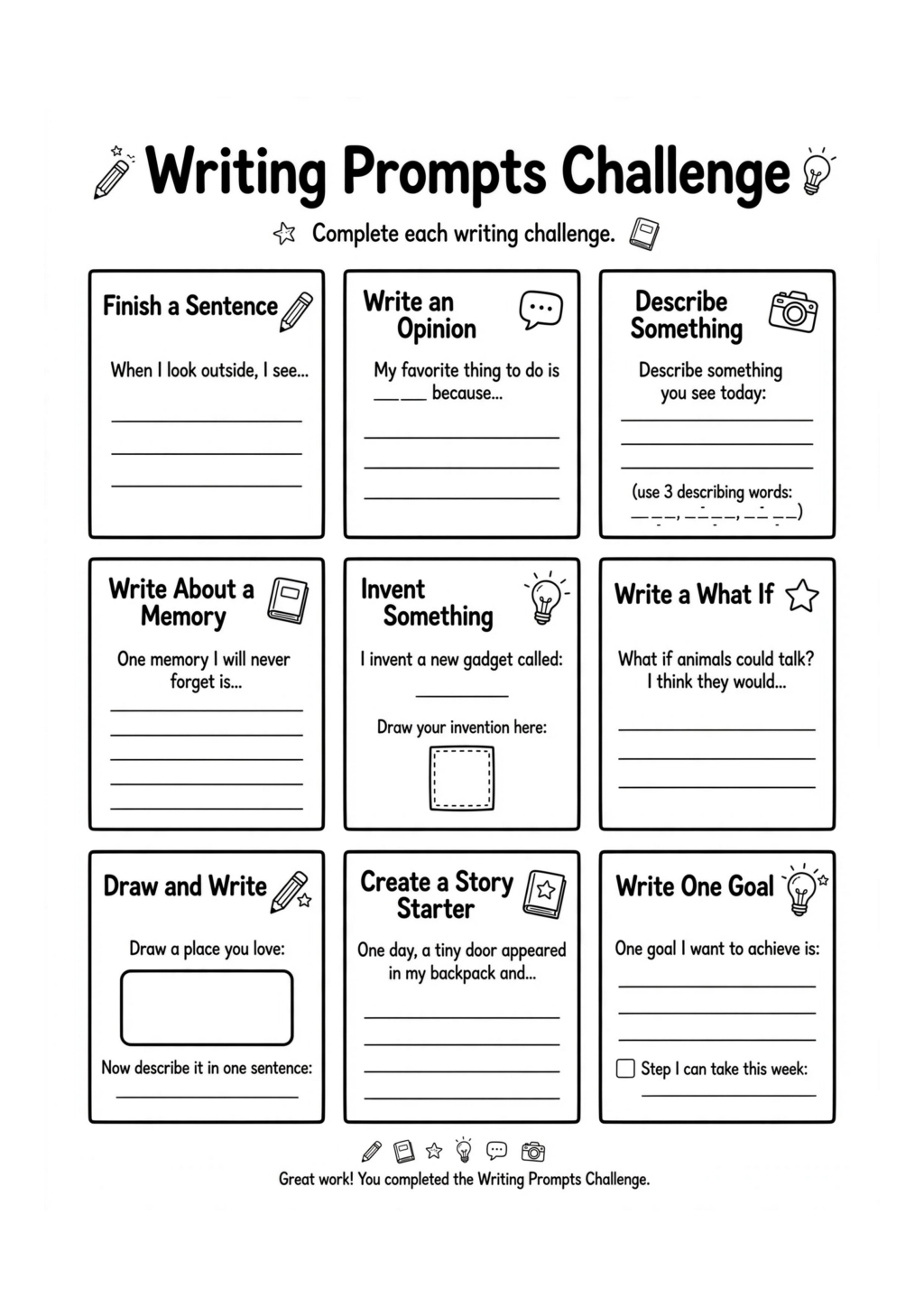 Writing Prompts Challenge Worksheet