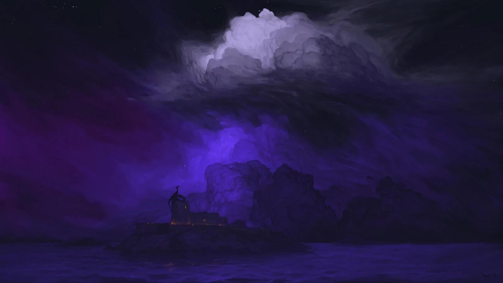 Fortress Under Purple Storm - Fantasy Illustration 4K Wallpaper (3840x2160)