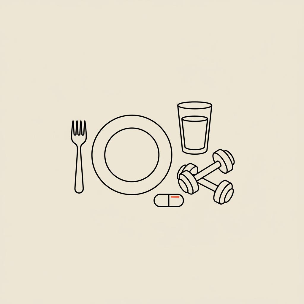 Minimal Tonum-style line illustration of a plate, fork, capsule, dumbbells and water glass on beige background — what do doctors recommend for menopause weight gain