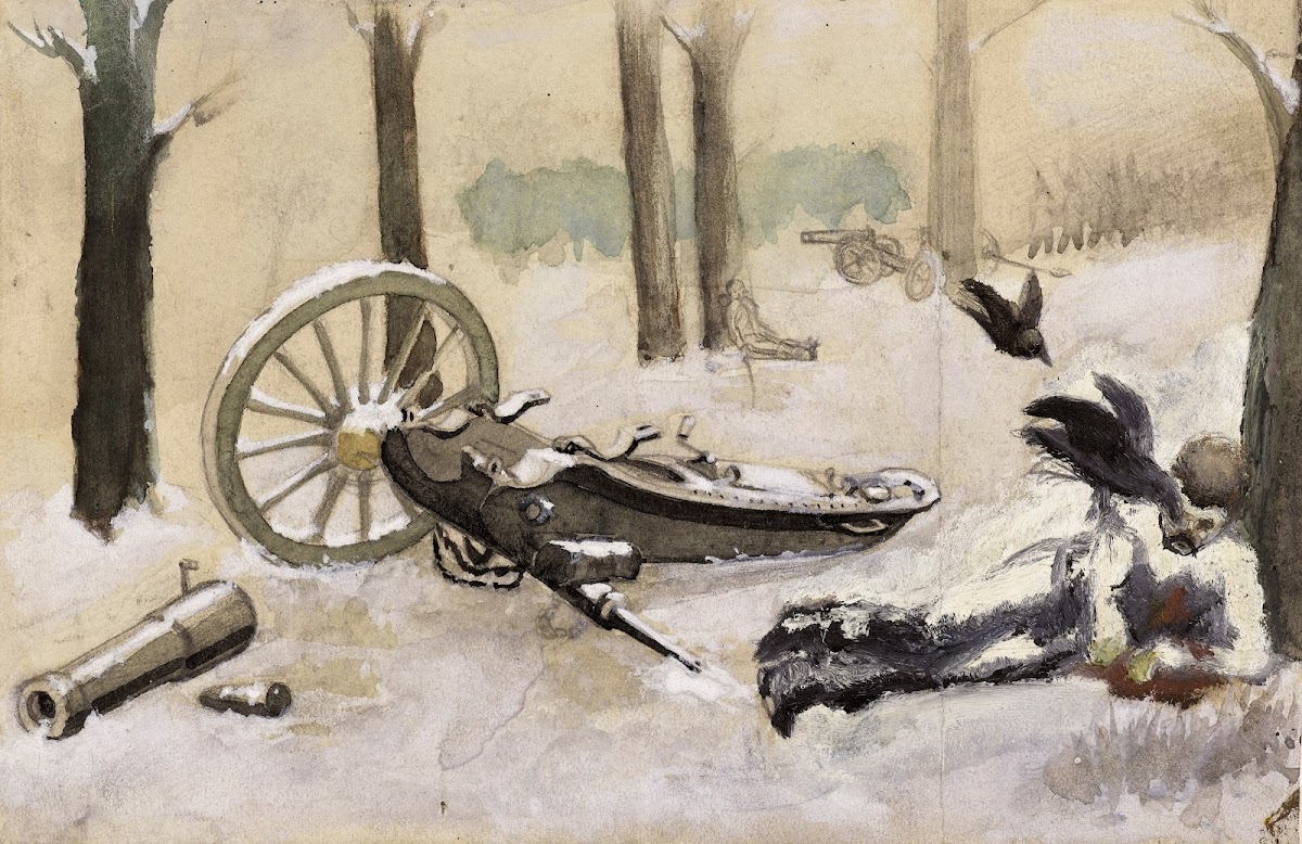 Etude pour le tableau Steppe russe Homme blessé dans la neige près dun canon bri
