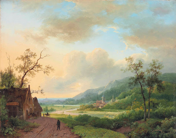Travellers on a riverside track at dusk 1845