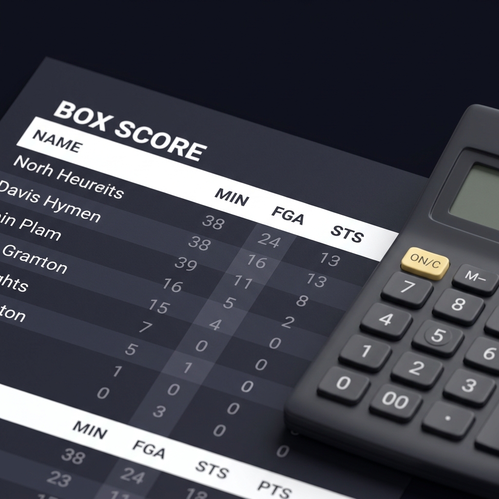 Close up box score and calculator on dark desk highlighting minutes and attempts columns for Using Usage Rate in Basketball Props