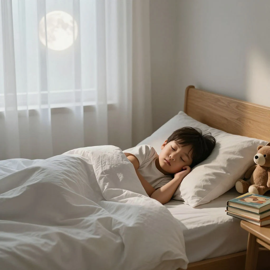 건강하게 숙면하고 있는 초등학생의 아늑한 침실 모습