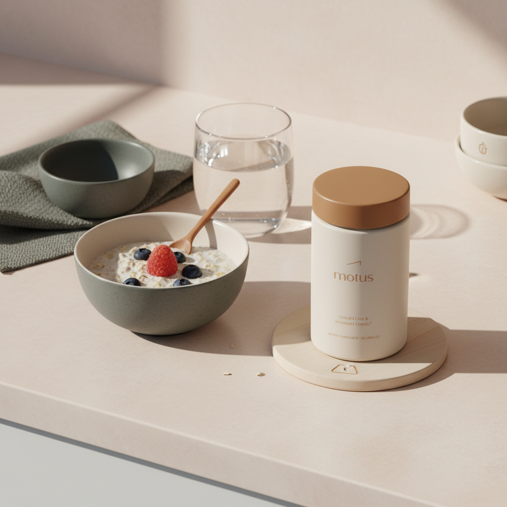 Tonum Motus supplement jar beside a bowl of oats and berries and a glass of water on a minimalist kitchen counter, styled for psyllium for belly fat weight-loss routine.