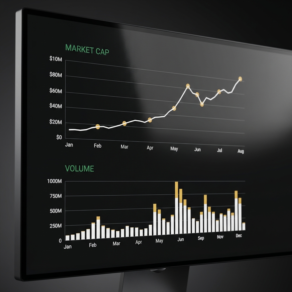 Close up full frame screen showing market cap line chart and volume bar chart with clear labels in Finance Police brand colors best cryptocurrency to invest today