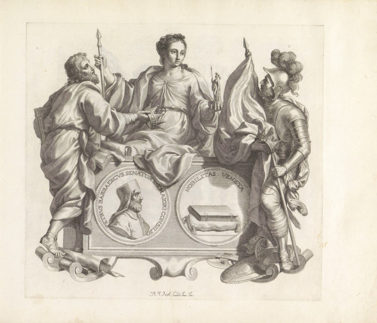 Portret van Pietro Barbarigo en de personificaties van Bestuur Krijgsmacht en Ed