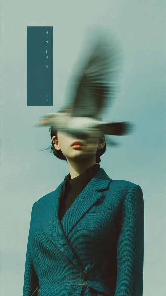 Fotografía editorial: una mujer con un blazer estructurado de color verde azulado oscuro de pie contra un cielo azul pálido.