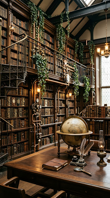 Vintage Steampunk Library with Clockwork Books and Ivy - Free mobile Wallpaper