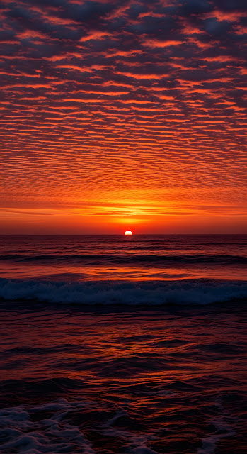 Dramatic Red and Orange Ocean Sunset with Textured Clouds and Rippling Water - Free mobile Wallpaper
