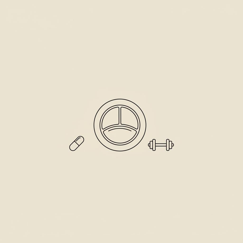 Can losing 20 lbs lower A1C? Minimalist 2D vector line illustration of a capsule, balanced plate with portion segments, and a small dumbbell on beige #F2E5D5 background in Tonum icon style.