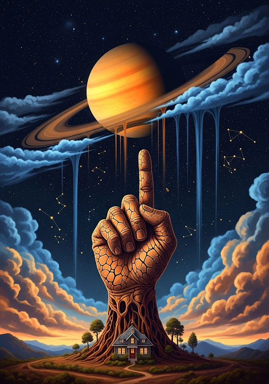 Cosmic Creation Hand Pointing to Saturn