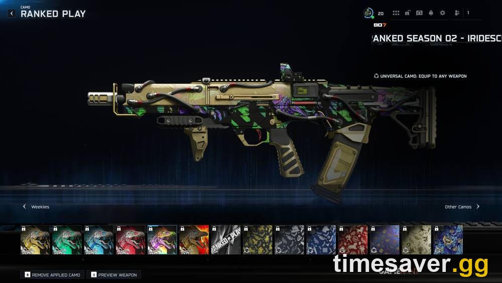 Black Ops 7 Ranked Play menu showing the Season 02 Iridescent reward camo and restricted-content grid