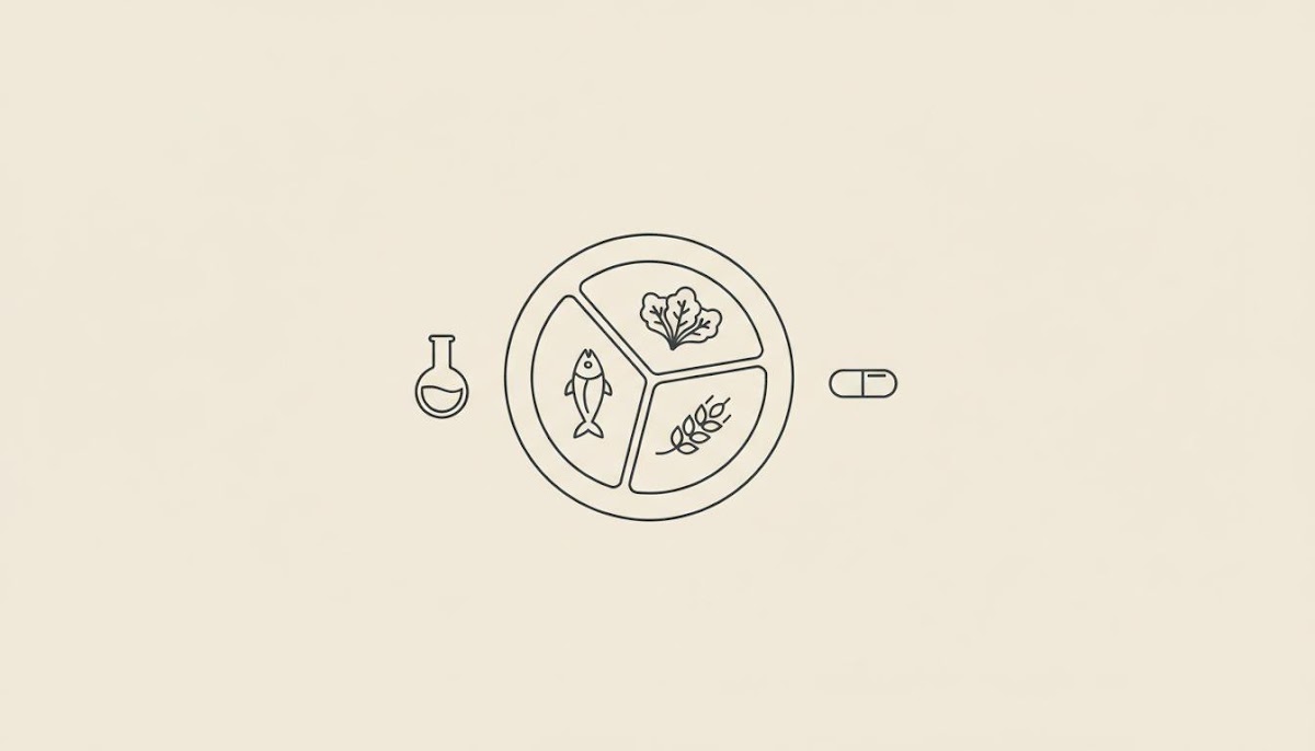 Minimal vector line illustration of a portioned plate with protein, vegetables and whole grain beside a capsule and lab flask representing food, supplement and science for post menopausal belly fat