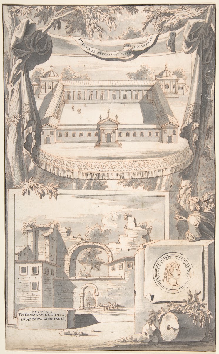 A Reconstruction of the Thermae of Nero above and a View of the Ruins below befo