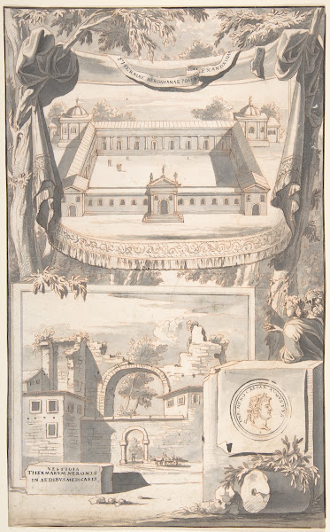 A Reconstruction of the Thermae of Nero above and a View of the Ruins below befo