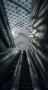 Woman Ascending Escalator in Modern Glass and Steel Atrium with Sunlit Structure