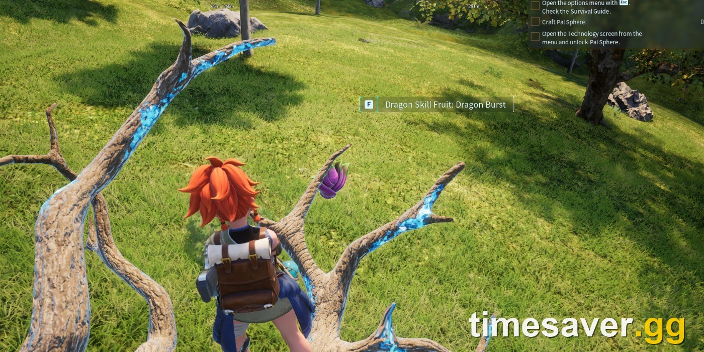 Palworld player on a Skill Fruit Tree branch beside a purple Dragon Skill Fruit with the interaction prompt visible