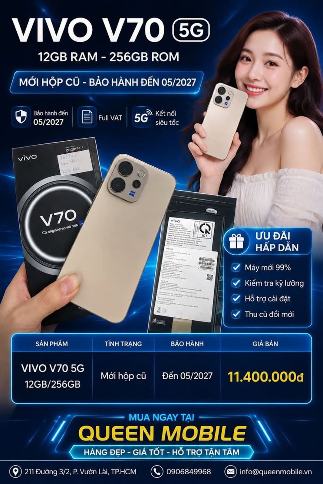 Vivo V70 5G 12GB/256GB mới hộp cũ giá cực hấp dẫn tại Queen Mobile #VivoV70 #Vivo #ĐiệnThoạiVivo #QueenMobile #Smartphone #5G #KhuyếnMãi #ĐiệnThoạiChínhHãng #FullVAT