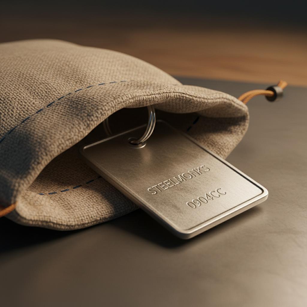 Nahaufnahme eines gravierten Metall-Tags, halb aus einer Stofftasche gezogen, Fokus auf Gravur und Materialstruktur, warme Stimmung, gamer geschenkideen