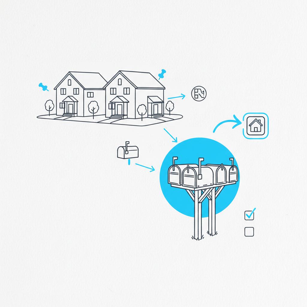 Notebook-style sketch of a tidy row of houses and mailbox cluster illustrating how to post rentals on Nextdoor, white background, gray linework and blue accents