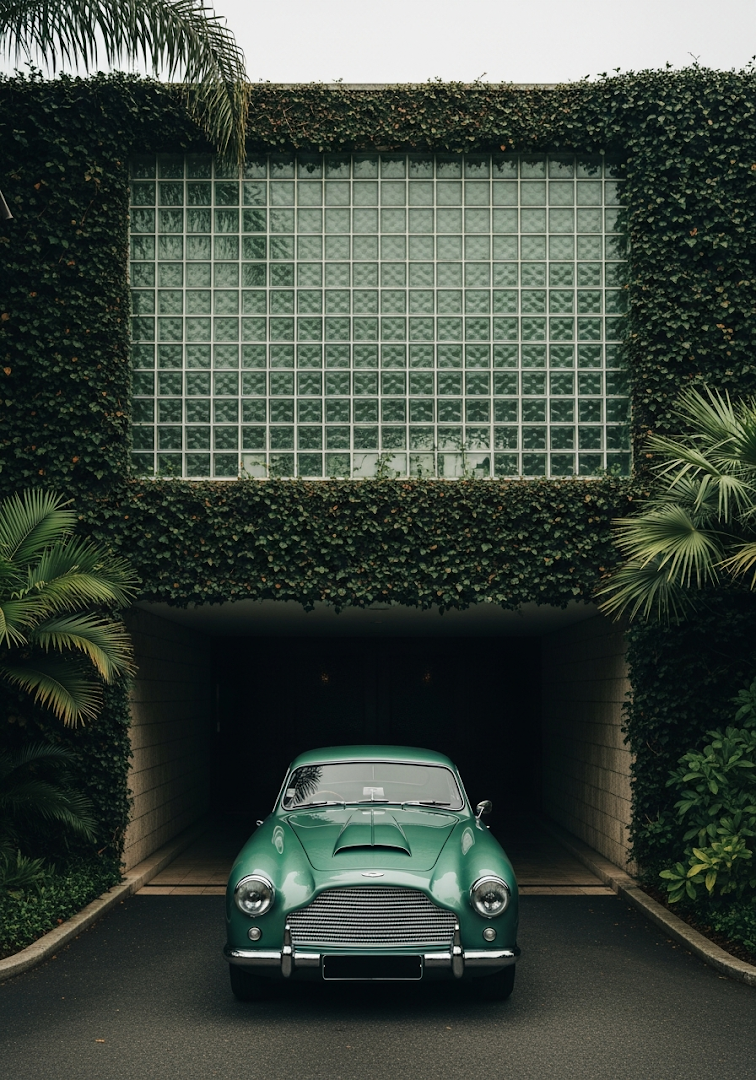 Vintage Car at Emerald Glass Block Building Entrance