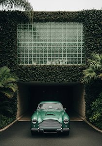 Vintage Car at Emerald Glass Block Building Entrance