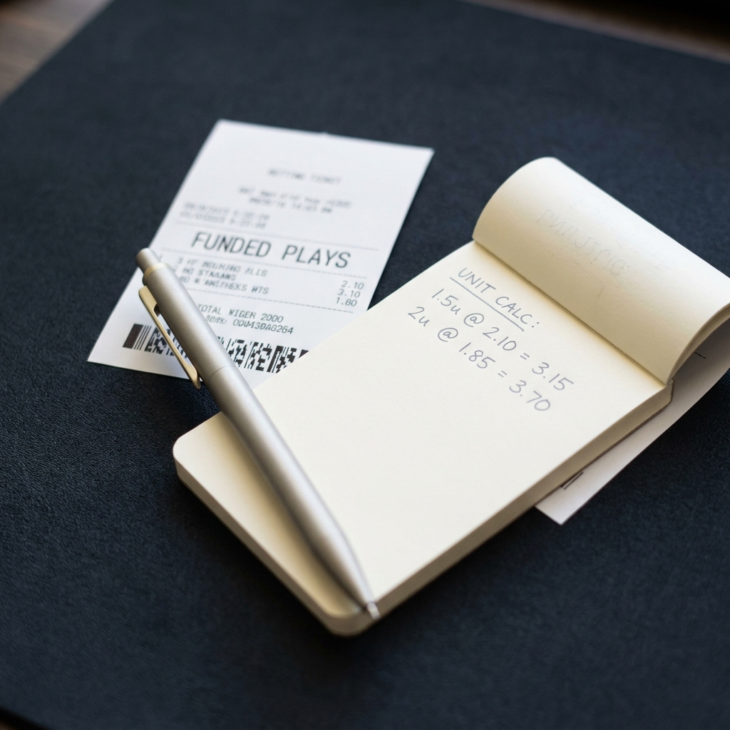 Close up of a betting ticket and pen on a notepad with handwritten unit calculations illustrating how to bet trifecta in a minimalist Funded Plays branded layout