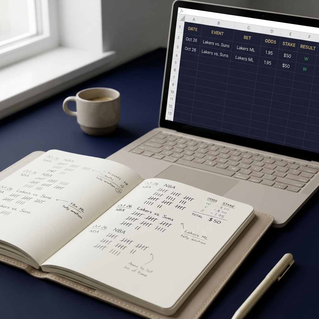 Full frame close up of a bettor notebook and laptop showing a tracking spreadsheet and odds column in natural light minimal layout brand colors donbest mlb