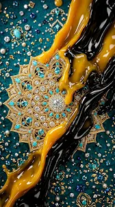 Abstract 3D Render of Jeweled Mandalas with Flowing Yellow and Black Liquid