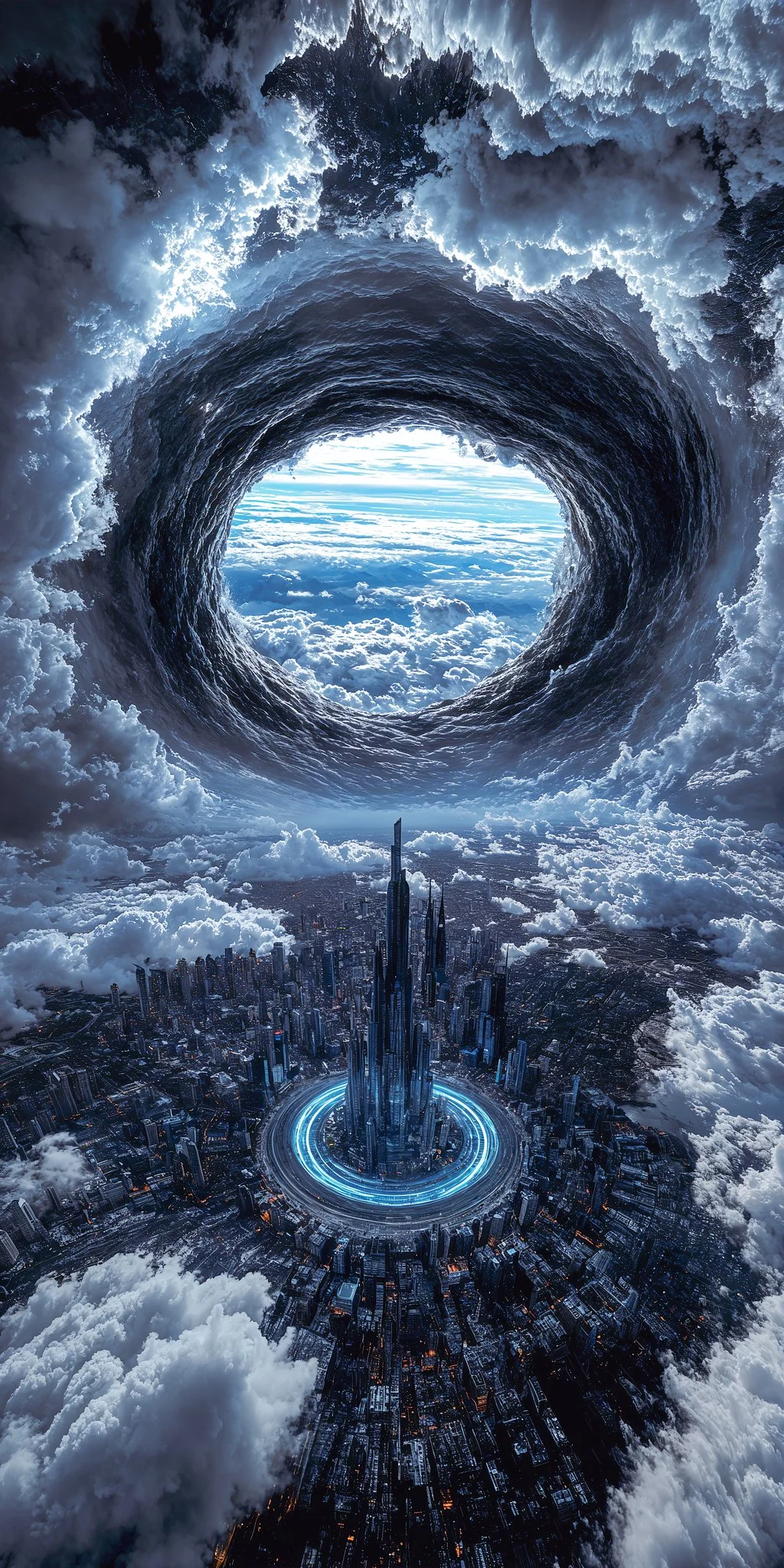 Un enorme vórtice espiral sobre una ciudad futurista simboliza un avance en la inteligencia artificial.