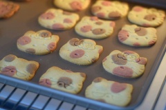 Dùng khuôn cắt bánh có hình mèo kitty để cắt lấy miếng bột tạo hình bánh quy bơ hình mèo kitty nhé. Làm nóng trước lò nướng ở 165 độ C trong khoảng 10 phút. Xếp bánh quy bơ hình mèo kitty vào khay nướng, đem nướng bánh quy bơ khoảng 12 phút là bánh chín.