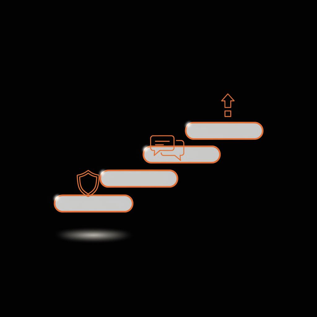Minimal vector infographic of a three-step staircase with icons for preserve, respond, rebuild on black background — how to remove negative reviews