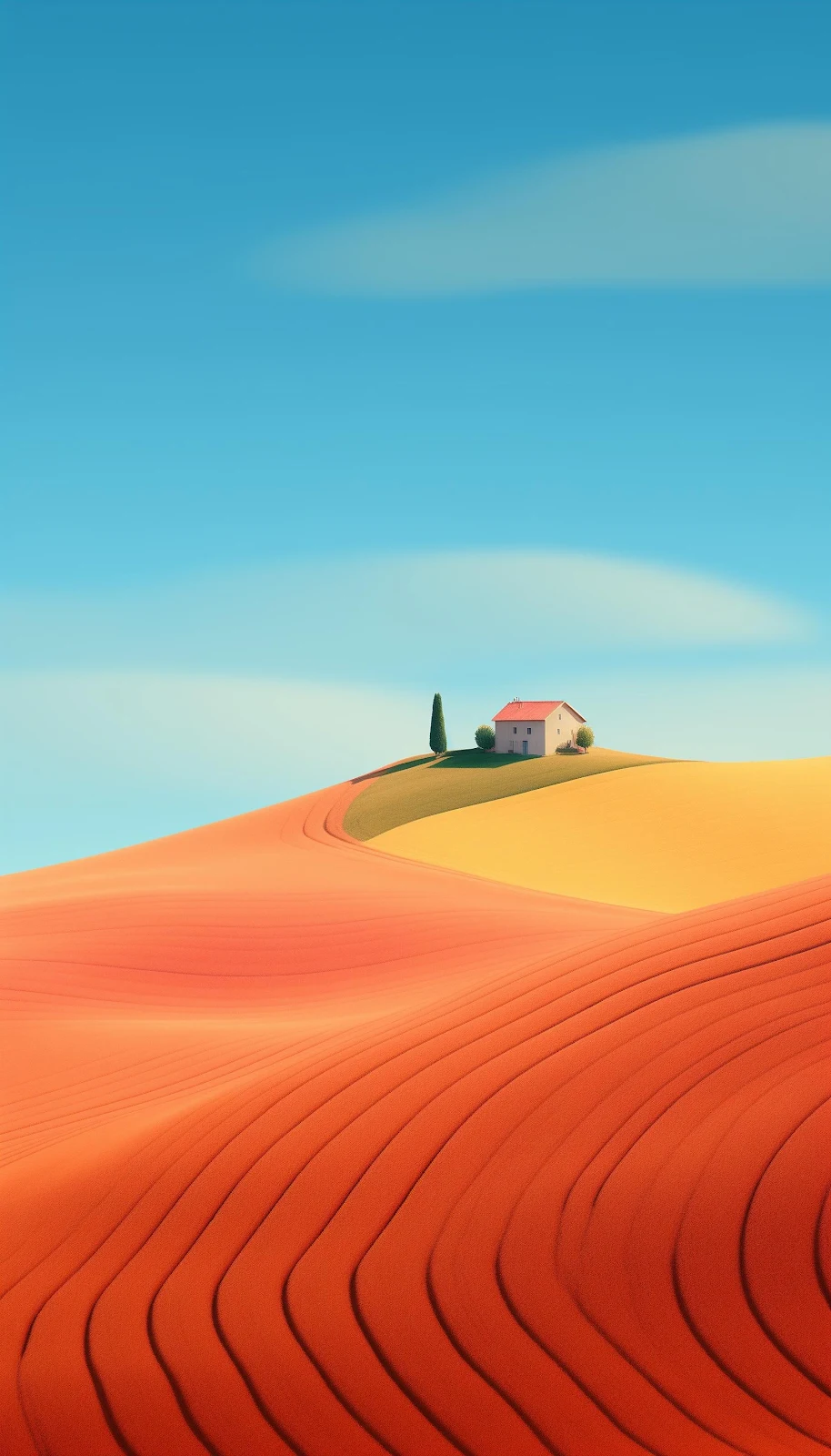 Small House On Rolling Orange Hills - Minimalist Digital Art 2K iPhone Wallpaper (1664x2912)