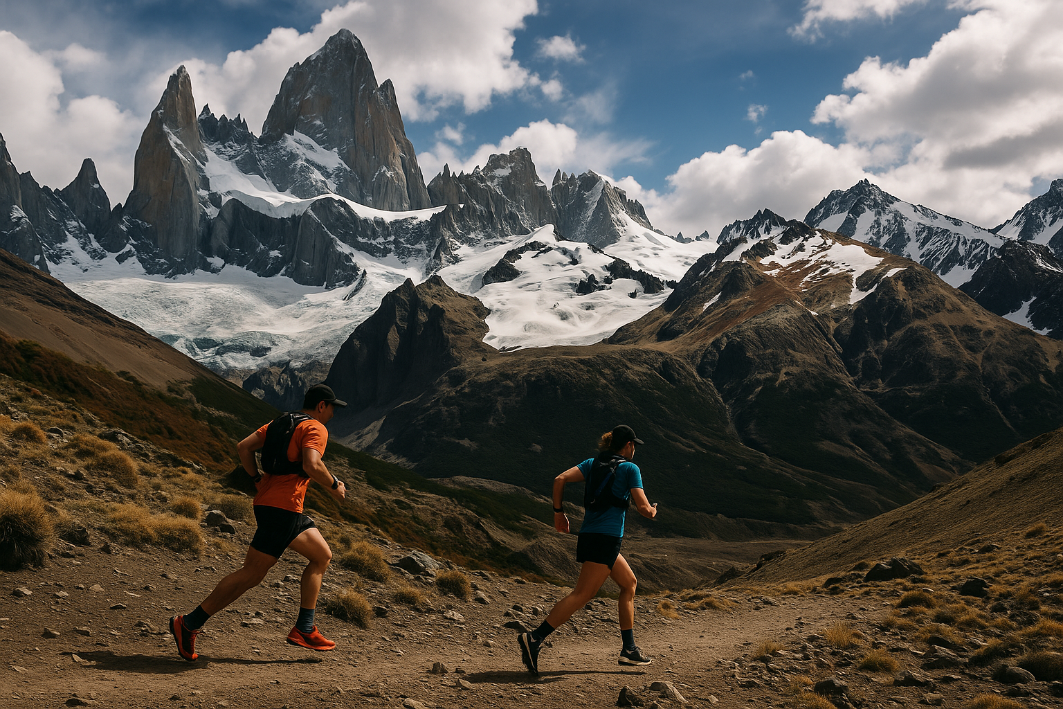 Trail runners cruzando los Andes con picos nevados y paisaje de montaña épico
