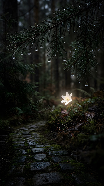 Macro Photo of a Lone White Flower Under Dark Foliage with Raindrops - Free mobile Wallpaper