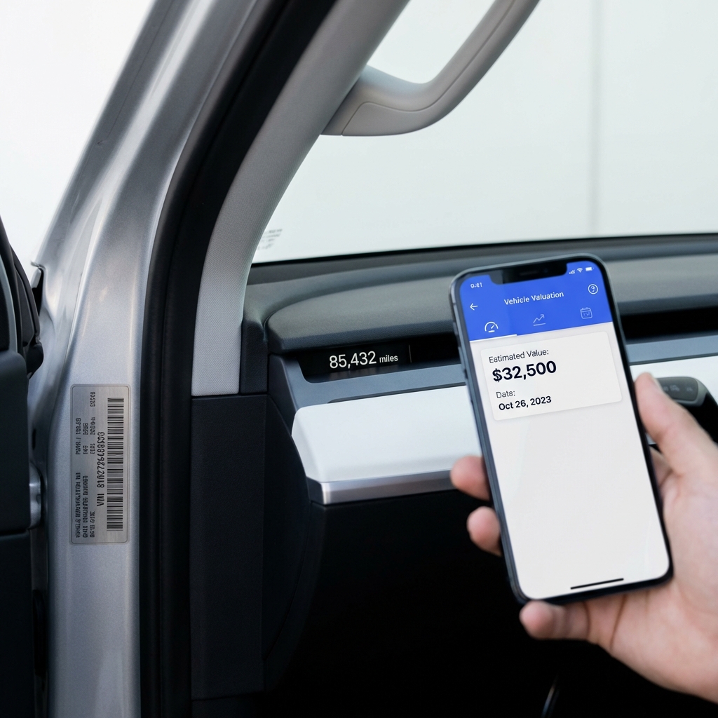 Close up of truck odometer and VIN plate with smartphone showing a vehicle valuation page in CarFax Deals style on a white background with blue accents kelley blue book trucks
